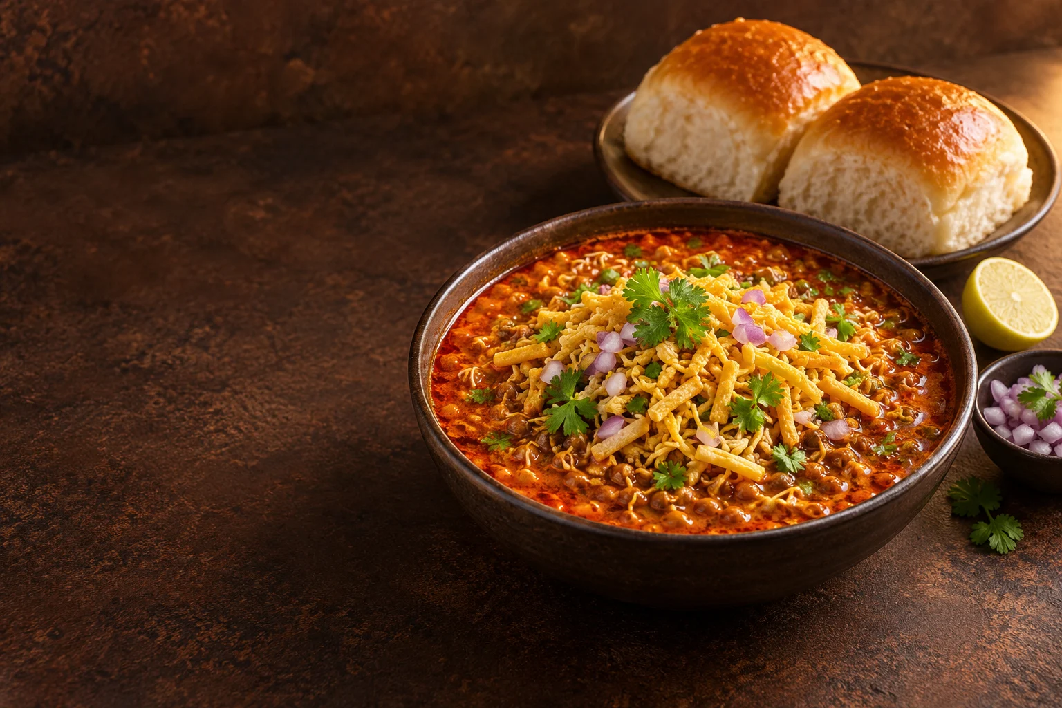 Golden pav with a bowl of misal, crisp farsan, onion and coriander — an illustrative serving suggestion